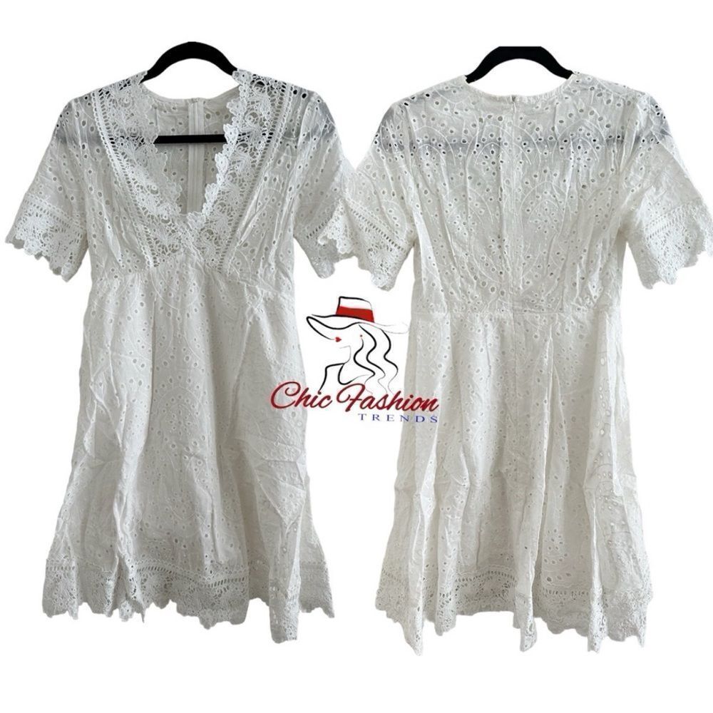 Women's Deep V Neck Short Sleeve Lace High Waist A Line Summer Dress White Small